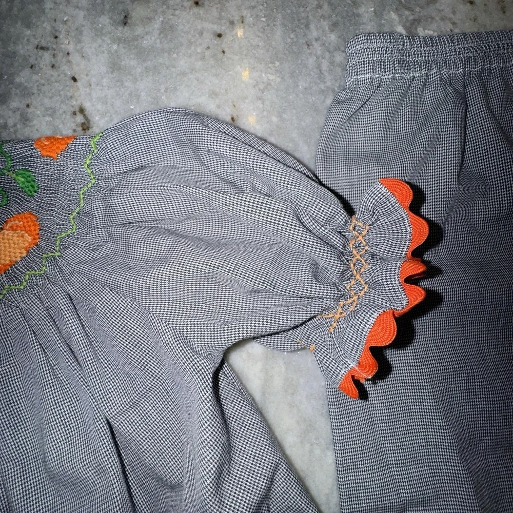 Remember Nguyen Smocked Pumpkin Gingham Set Top Flare Pants Girls 12 M Harvest